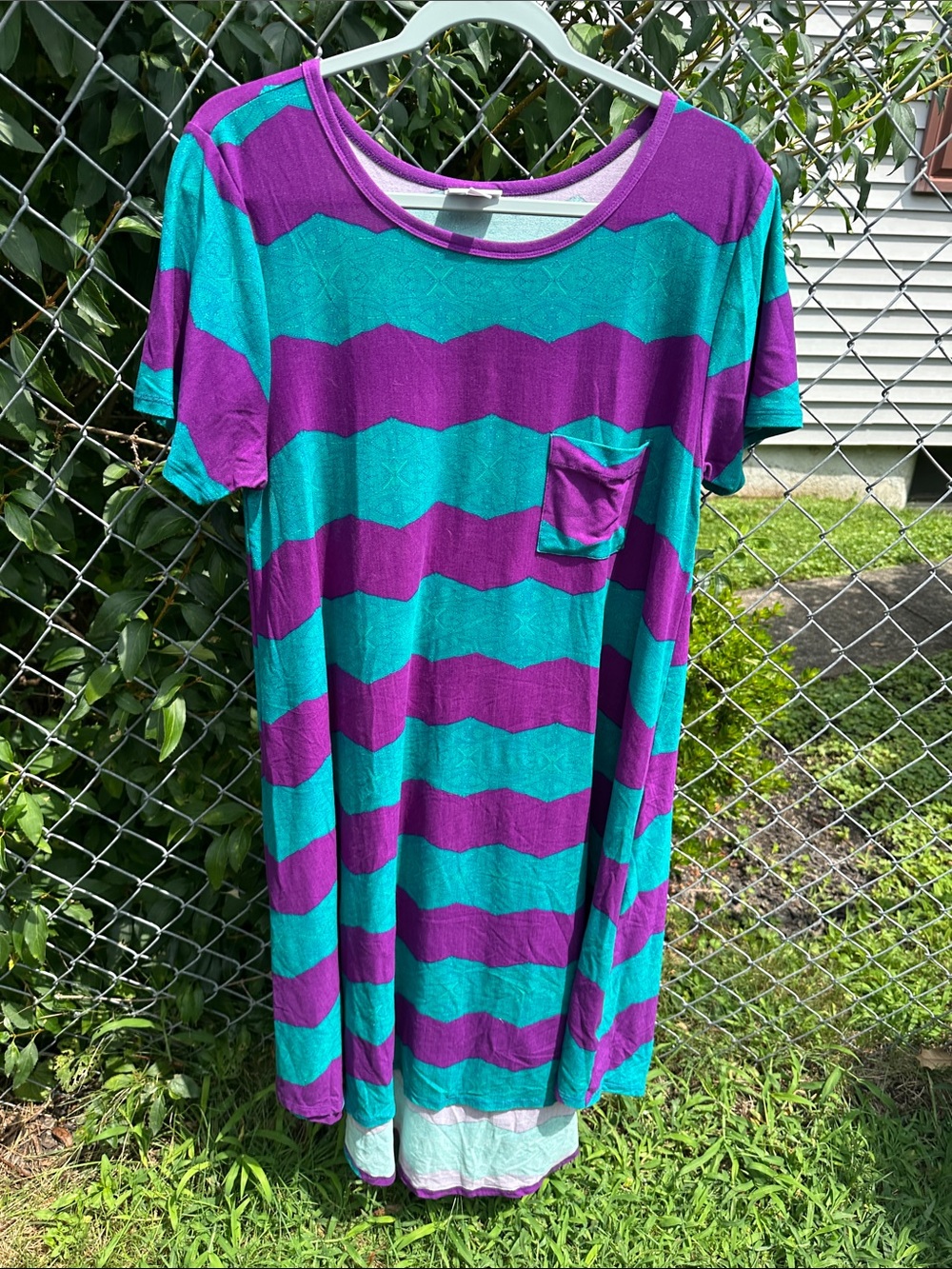 LuLaRoe Teal and Purple Striped Short Sleeve Pocket Dress